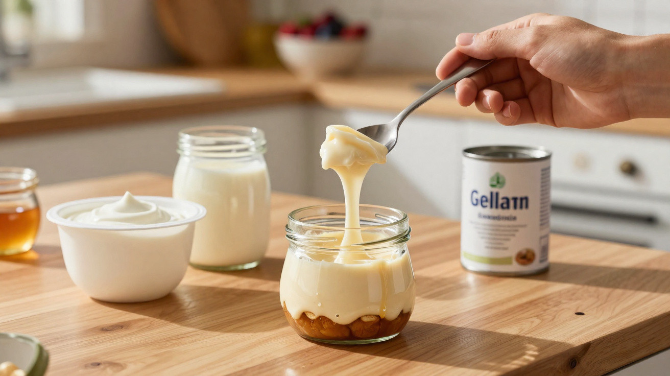 Hand holding spoon lifting creamy dessert from glass jar on wooden kitchen counter with ingredients nearby