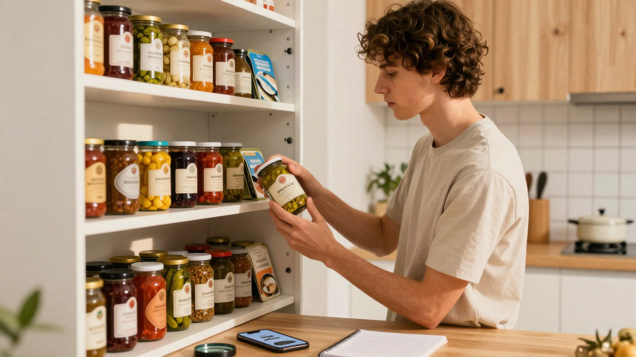 Young man examining a jar of preserves from a pantry shelf in a modern kitchen.