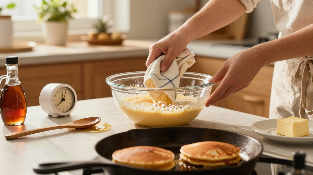 Person mixing pancake batter in a glass bowl with two pancakes cooking in a frying pan on a kitchen counter