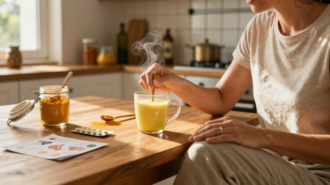 Person stirring a hot yellow turmeric drink at a wooden kitchen table with a jar of turmeric powder.