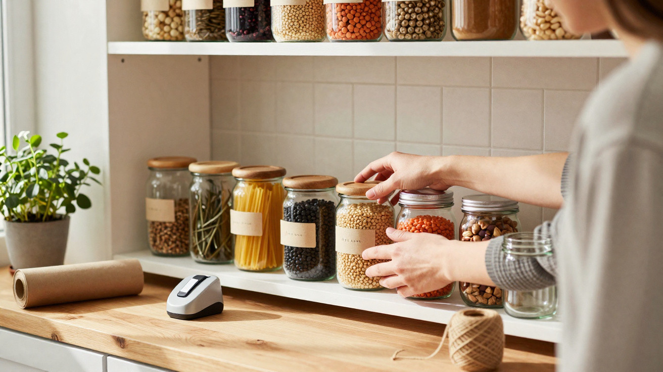 Person organising glass jars of dried beans and pasta on white kitchen shelves above wooden countertop.