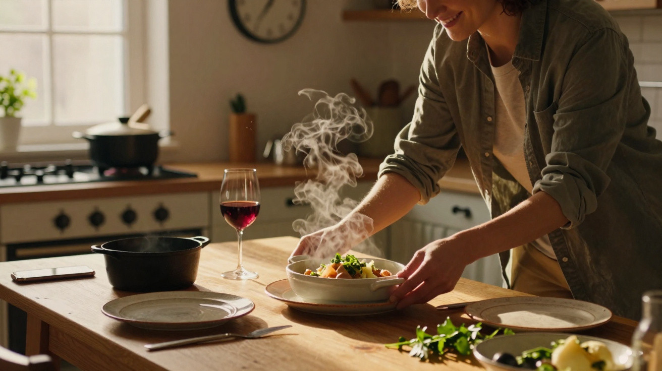 Person placing a steaming bowl of food on a wooden kitchen table with a glass of red wine nearby.