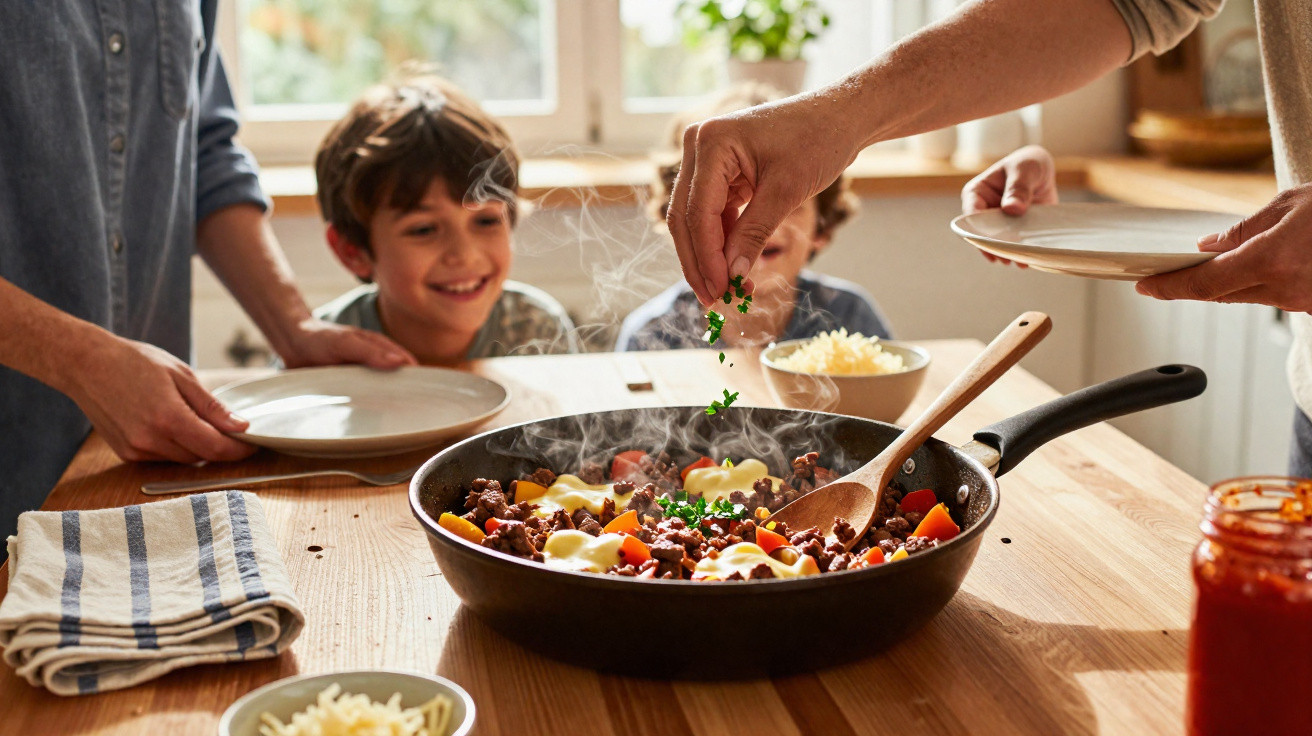 Family adding herbs to steaming mince and vegetable skillet meal at wooden kitchen table.