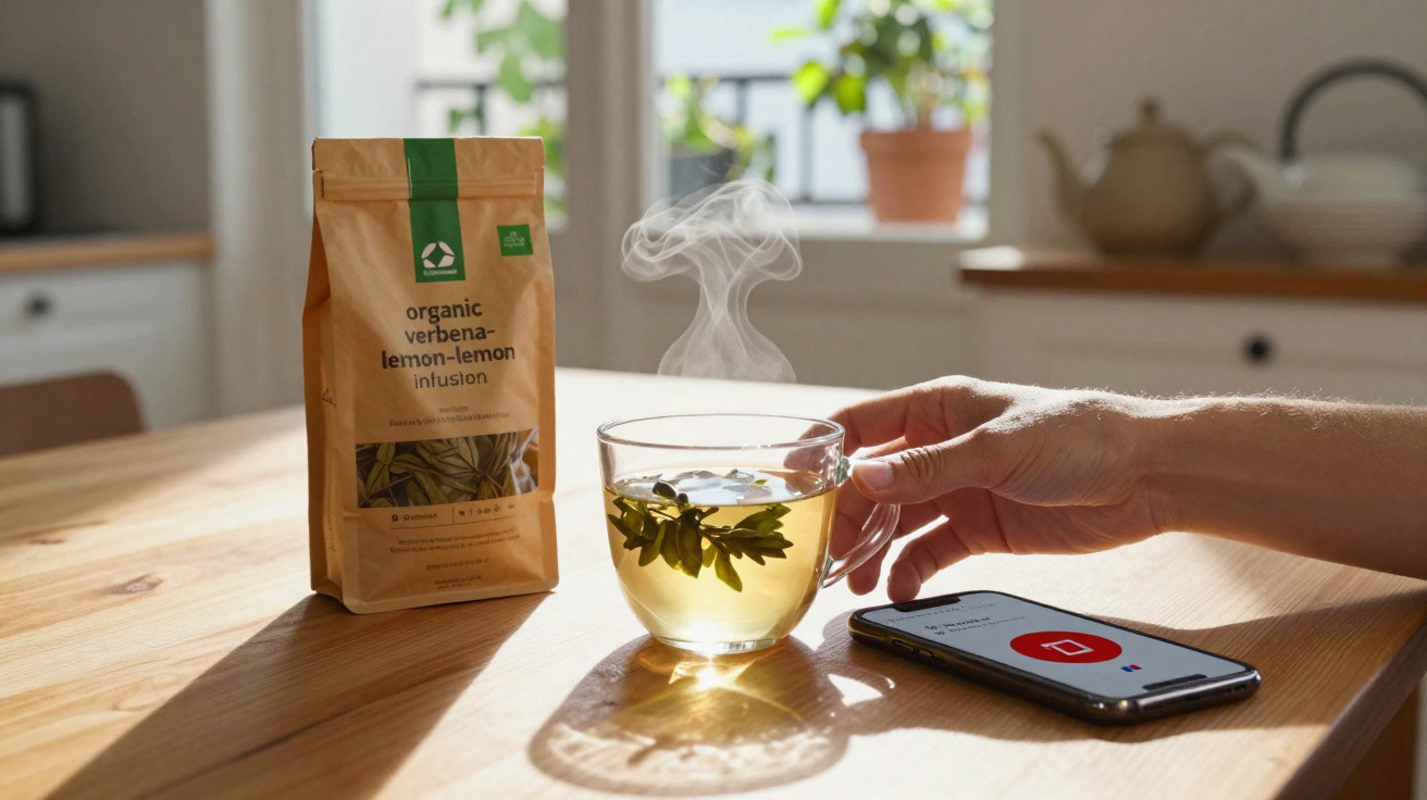 Hand holding a clear glass of steaming herbal tea with a packet of organic verbena lemon infusion and smartphone on a wooden 