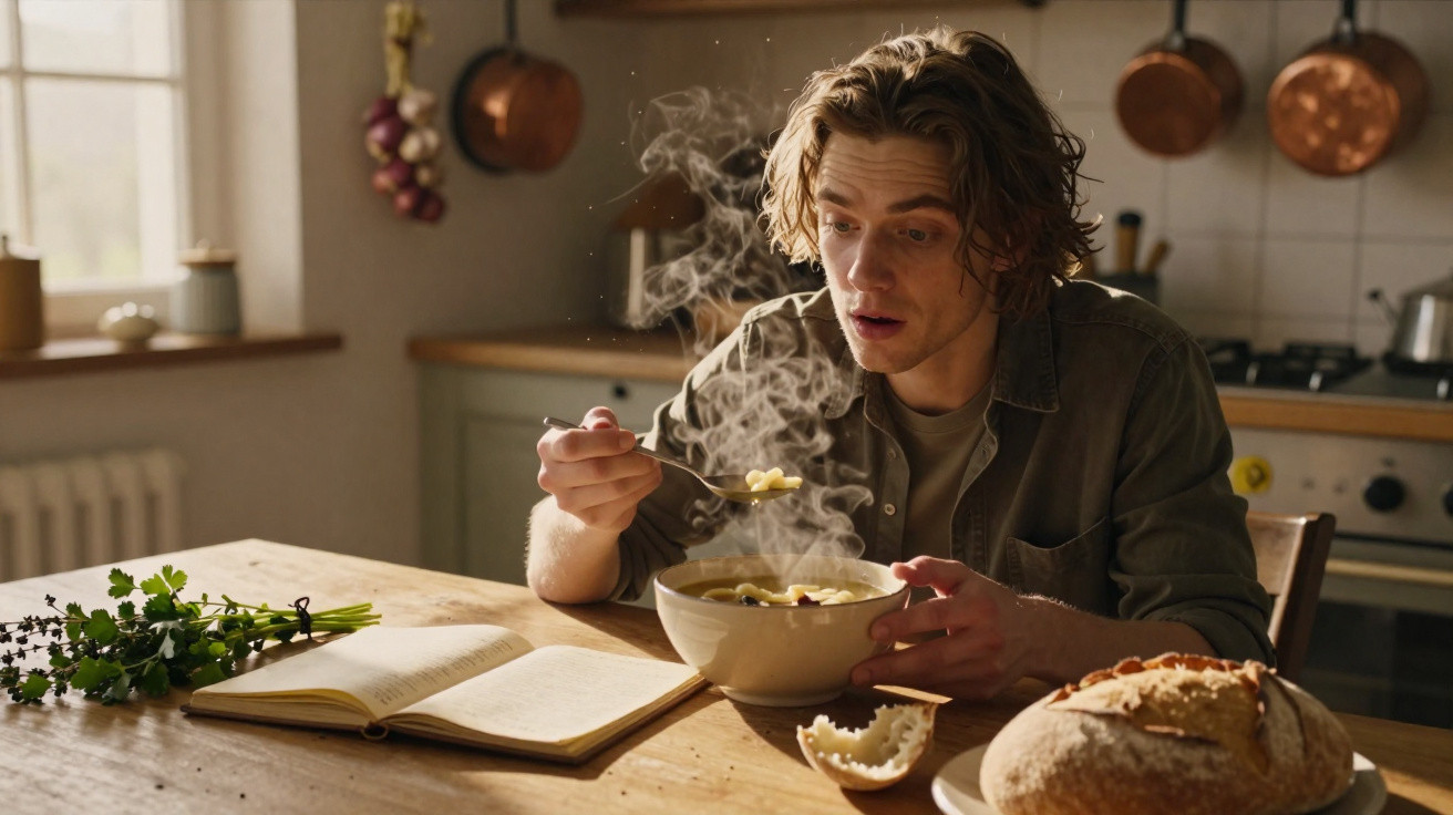 Young man eating hot soup at a wooden table with bread, fresh herbs, and an open cookbook in a kitchen.
