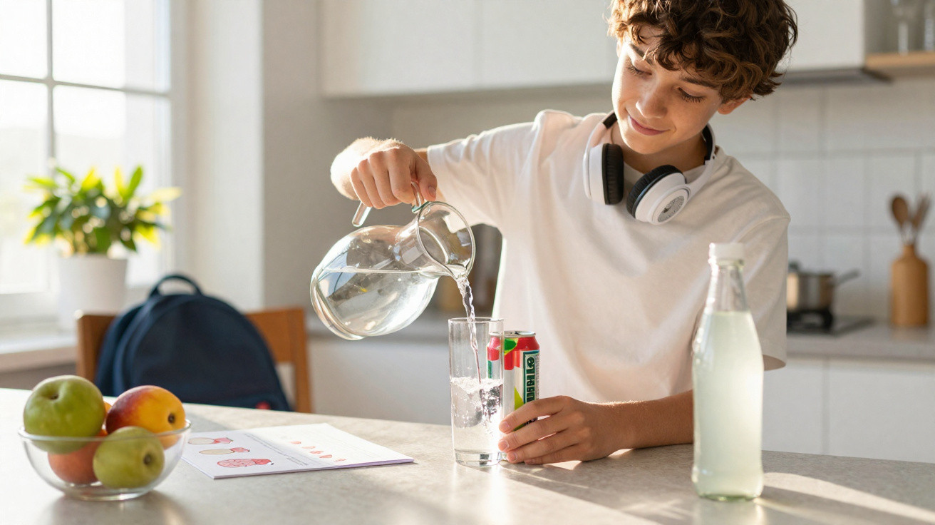 Teenage boy with headphones pouring water into a glass in a bright kitchen with fruit on the table.