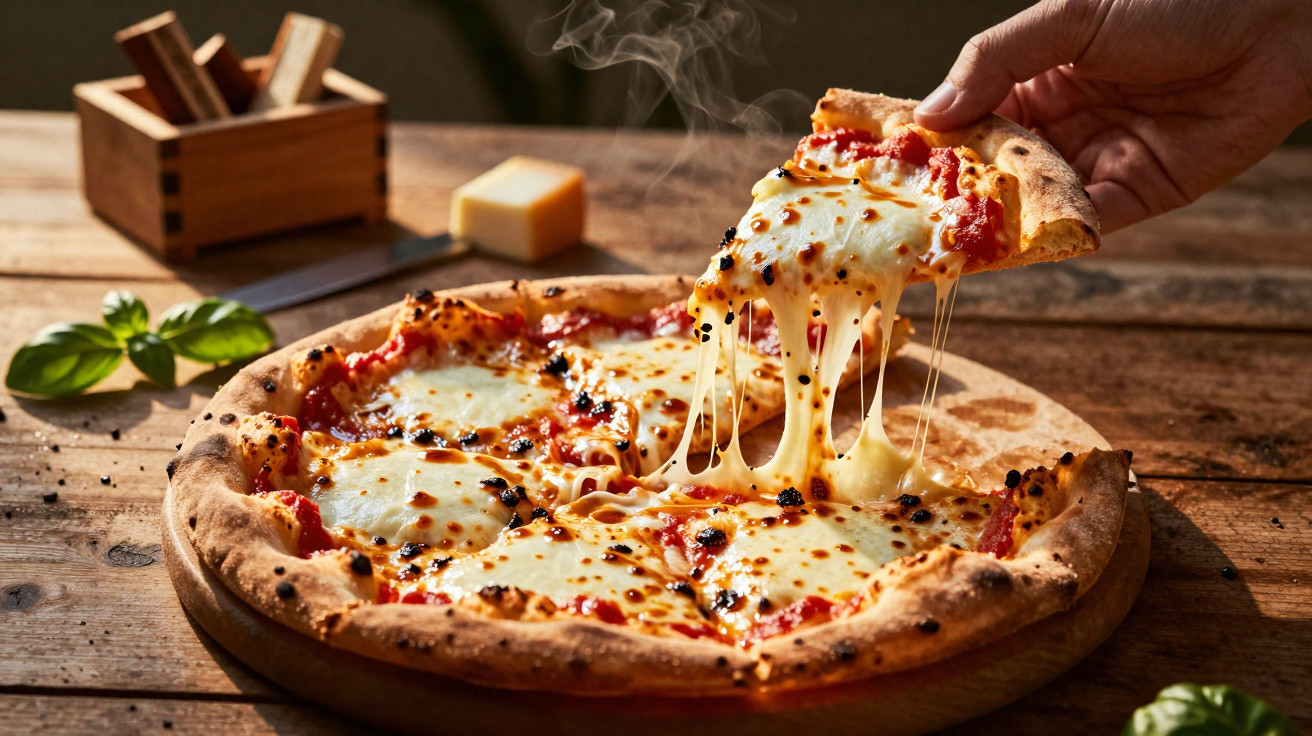 Hand holding a slice of steaming Margherita pizza with melted cheese stretching from the base.