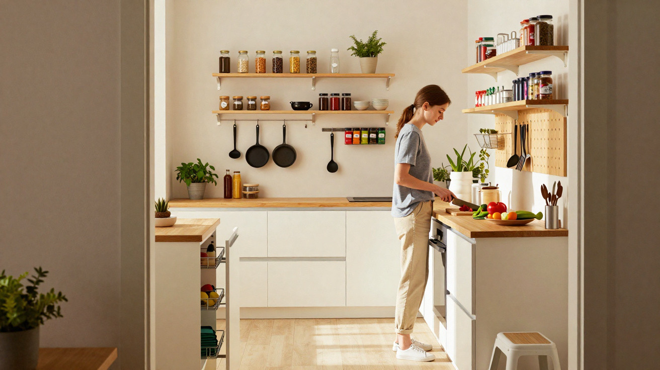 Woman chopping vegetables in a modern kitchen with white cabinets, wooden shelves, and hanging utensils.