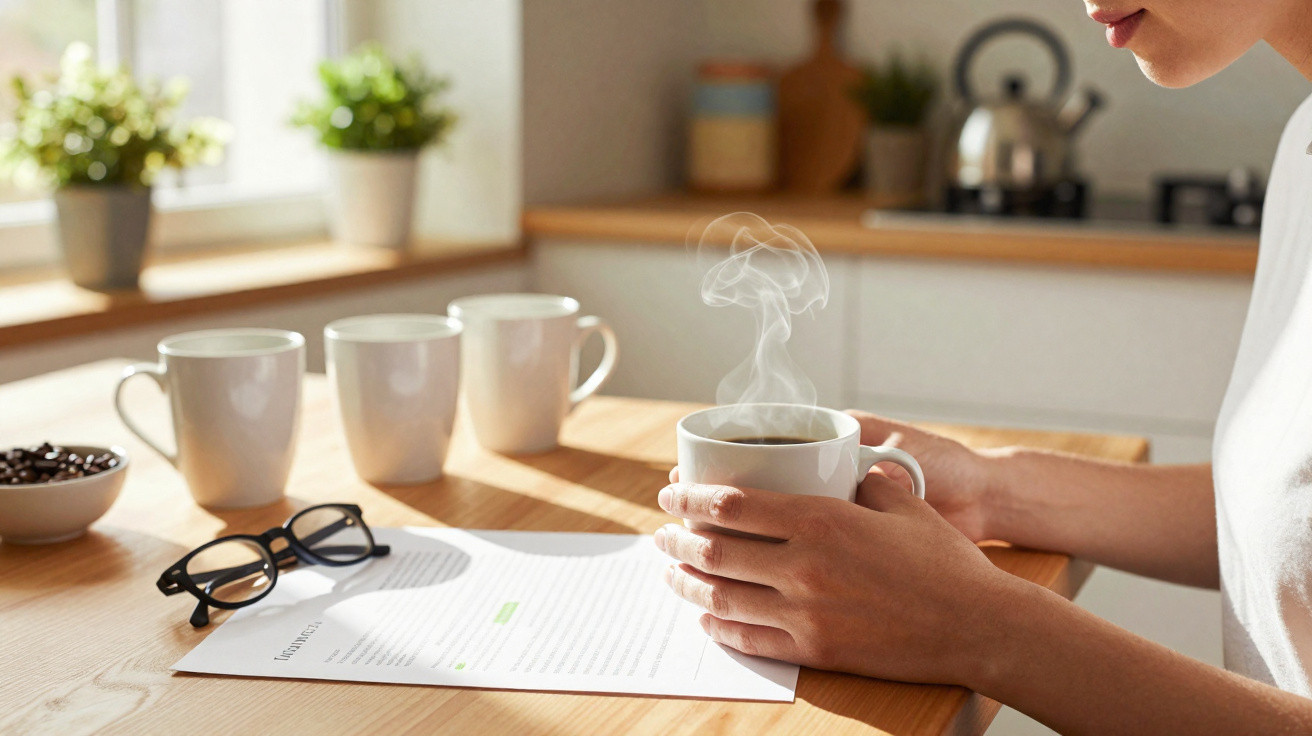 Person holding a steaming mug of coffee at a sunlit kitchen table with papers, glasses, and mugs nearby.