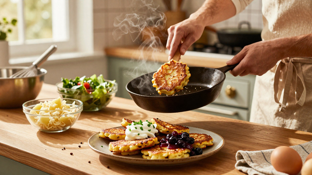 Person placing a golden pancake from a frying pan onto a plate with pancakes topped with cream and berries.