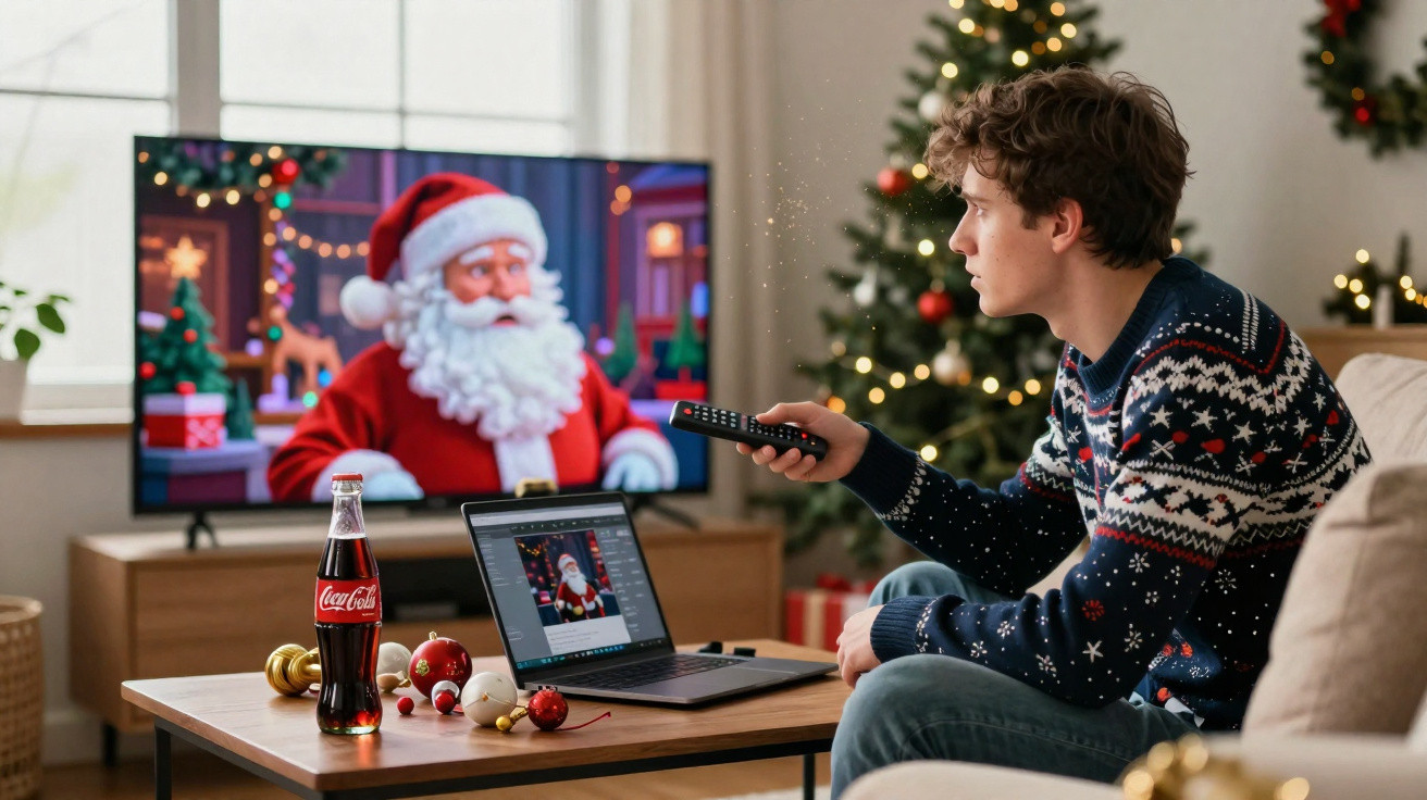 Young man in festive sweater holding remote, watching Santa Claus on TV with Christmas tree and decorations nearby