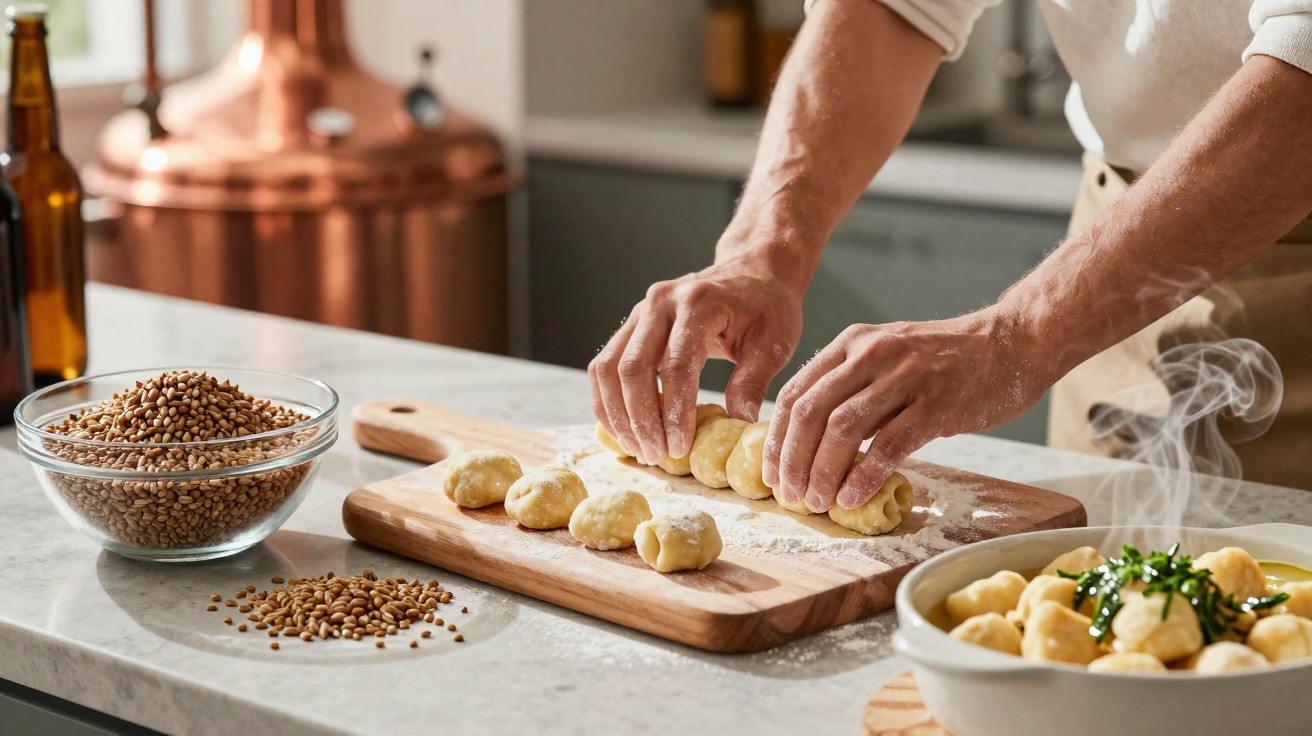 Hands shaping gnocchi dough on a wooden board with a bowl of grains and steaming gnocchi nearby.