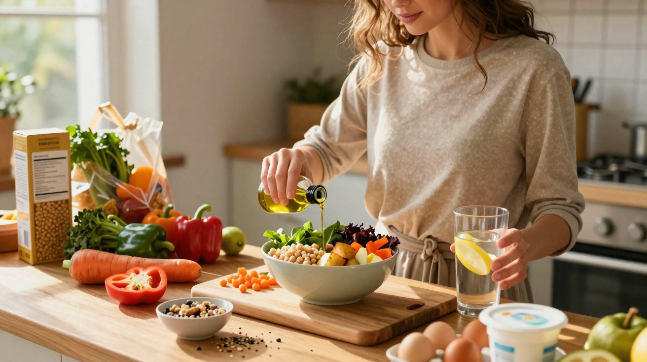 Woman in kitchen pouring olive oil over a fresh vegetable and chickpea salad with a glass of lemon water nearby.