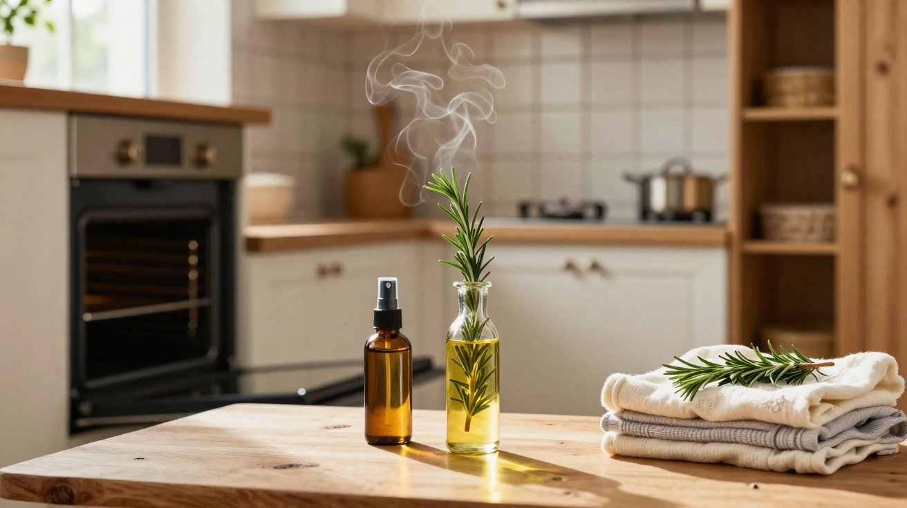 Glass bottles with rosemary and essential oil on kitchen table next to folded towels and oven in background
