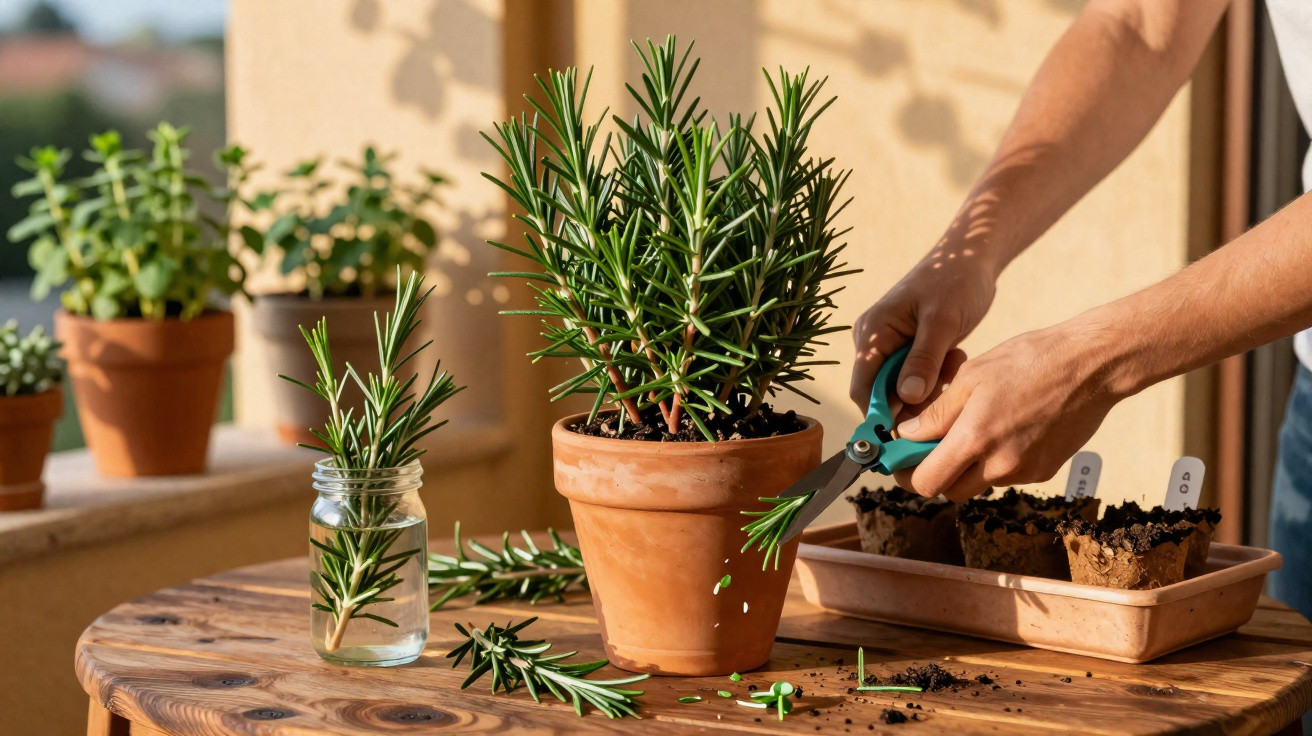 Person pruning a rosemary plant in a terracotta pot on a wooden table with seedlings nearby.