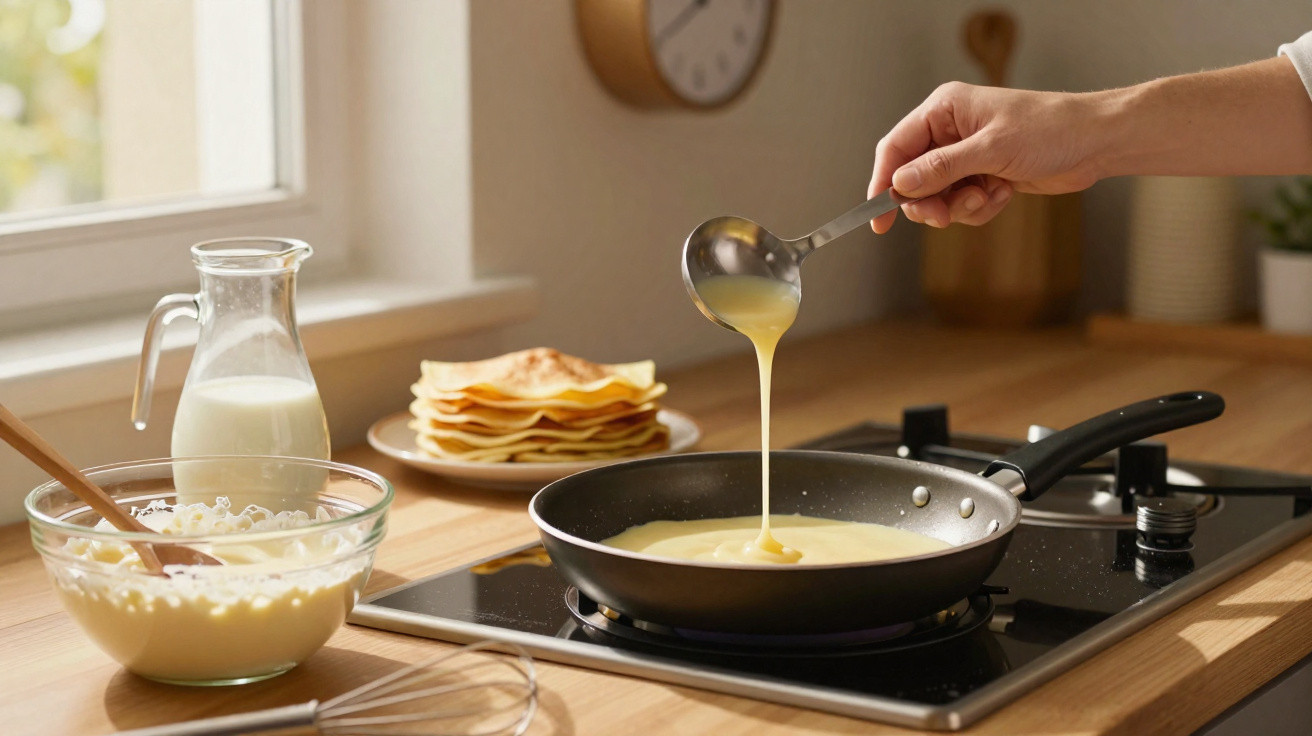 Person pouring pancake batter into a frying pan on a stove with ready pancakes and ingredients nearby.