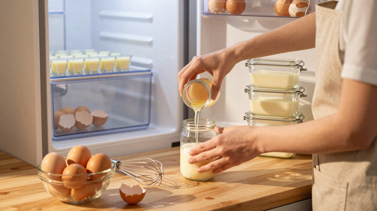 Person pouring custard mixture from a jar into a larger jar on a wooden kitchen counter.