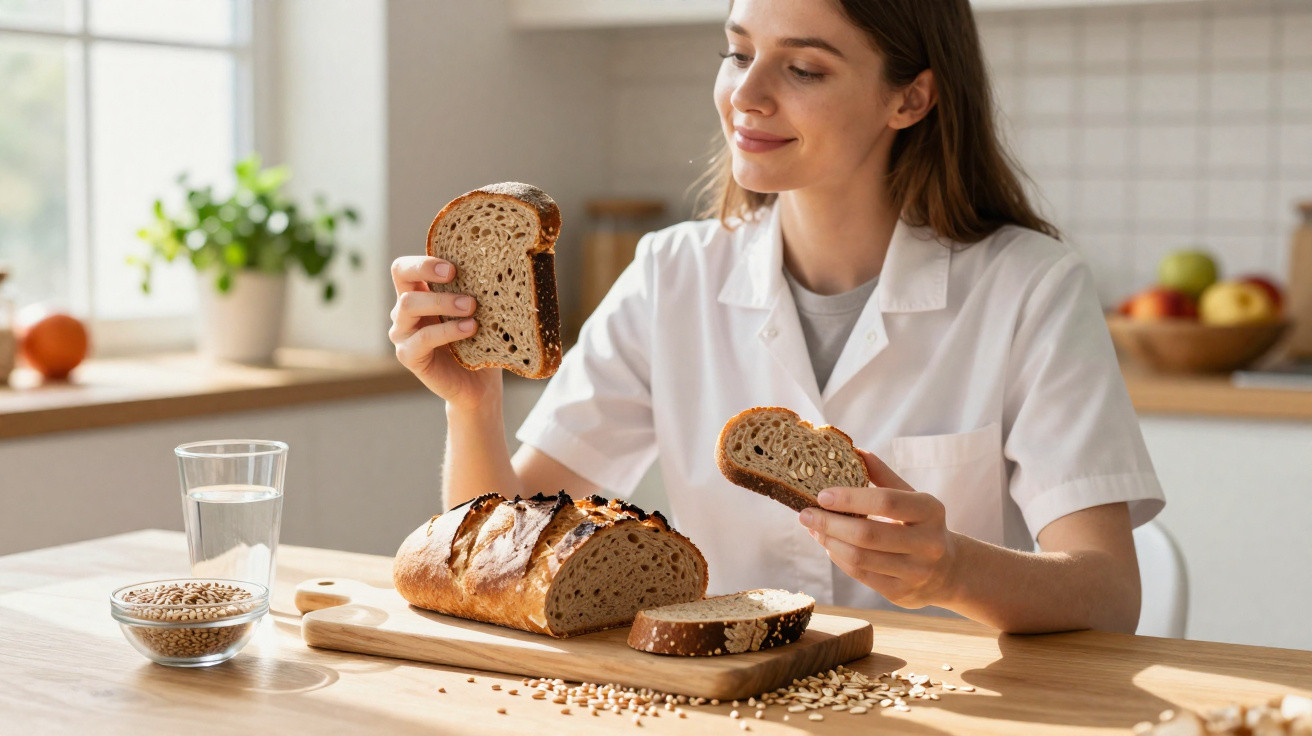 Woman in white coat holding slices of whole grain bread at wooden table with bread loaf and food bowl