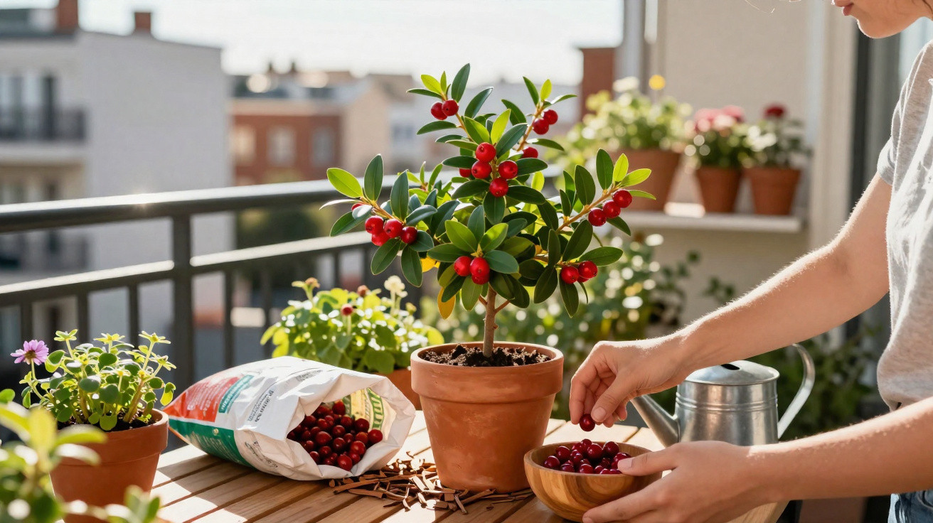 Person harvesting red cherry tomatoes from a potted plant on a balcony table with gardening supplies.