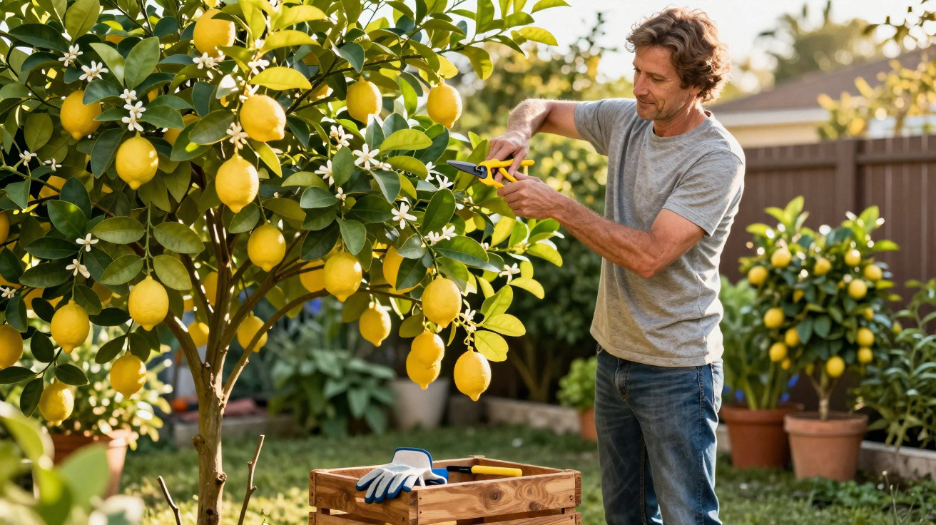 Man pruning a lemon tree in a sunny garden with gardening tools on a wooden crate nearby.