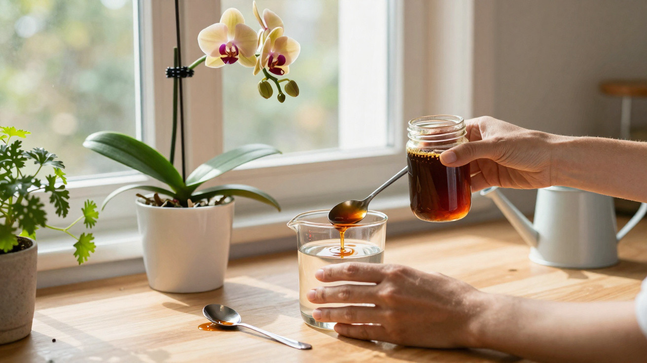 Hands pouring honey from a jar into a glass of water on a wooden windowsill with potted plants nearby.