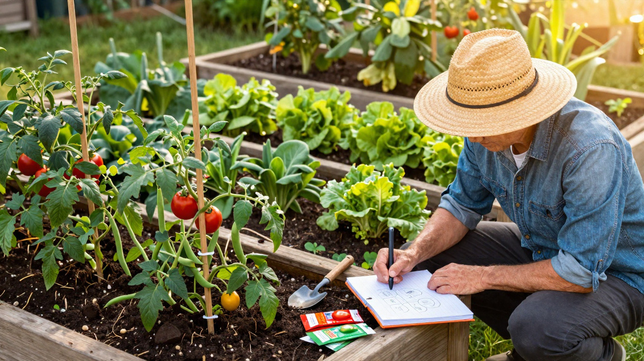 Person in a straw hat sketching garden plans beside raised beds with tomato plants and leafy greens in sunlight.