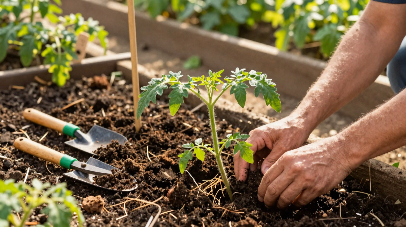 Hands planting a young tomato seedling in soil with gardening tools on a raised garden bed in sunlight.