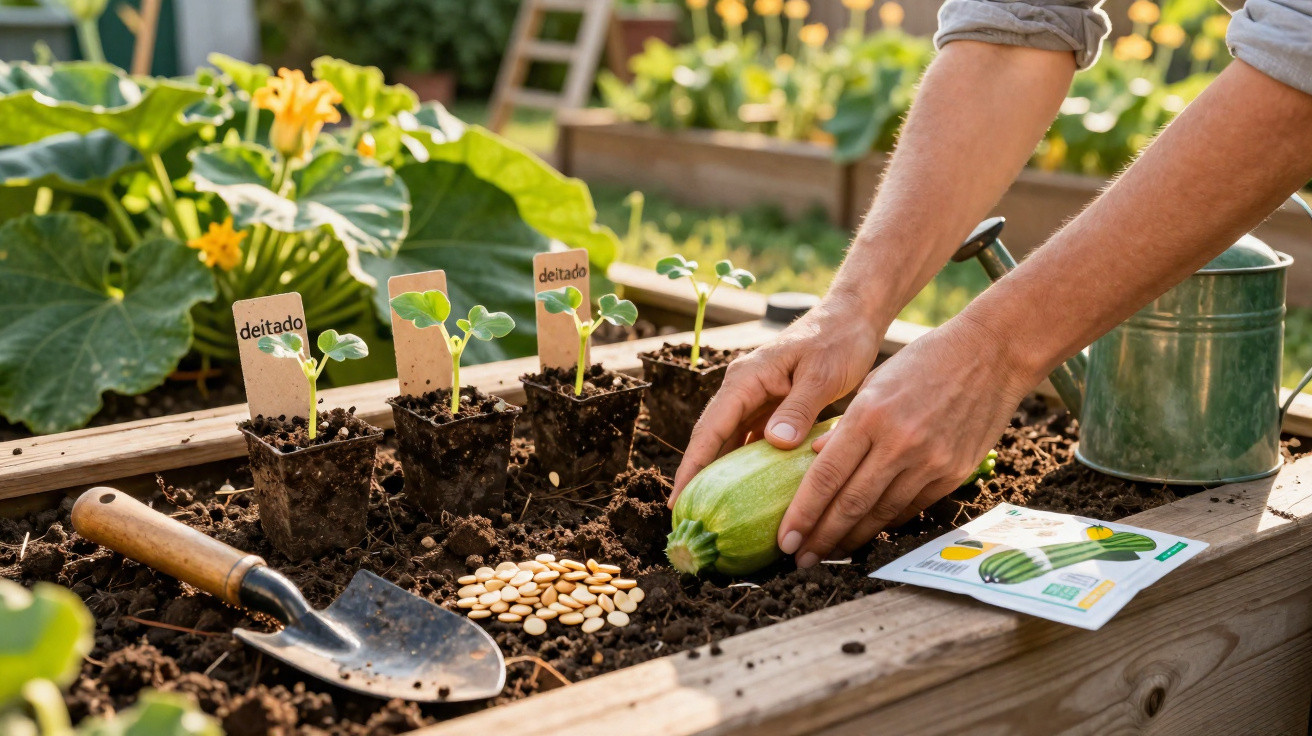 Hands planting a young zucchini squash in a raised garden bed with seedlings, seeds, and gardening tools nearby.