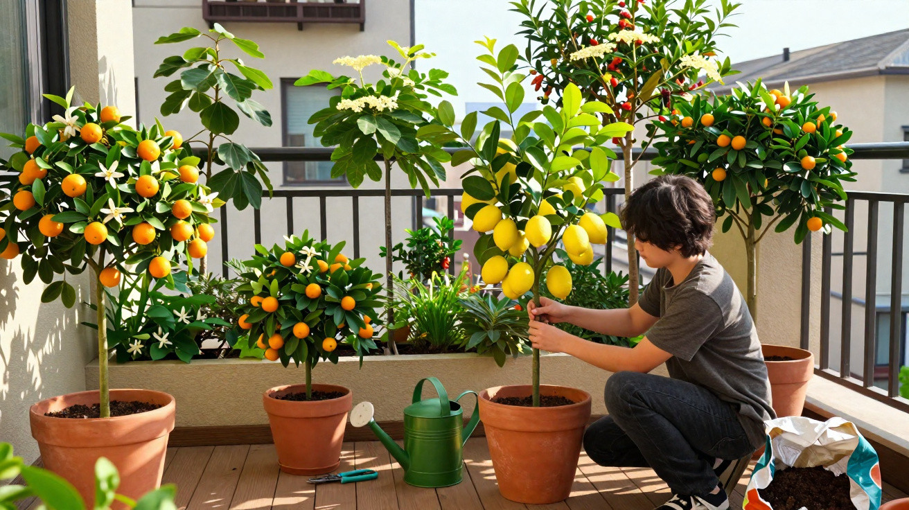 Child tending to potted citrus trees with lemons, oranges, and gardening tools on a balcony garden.