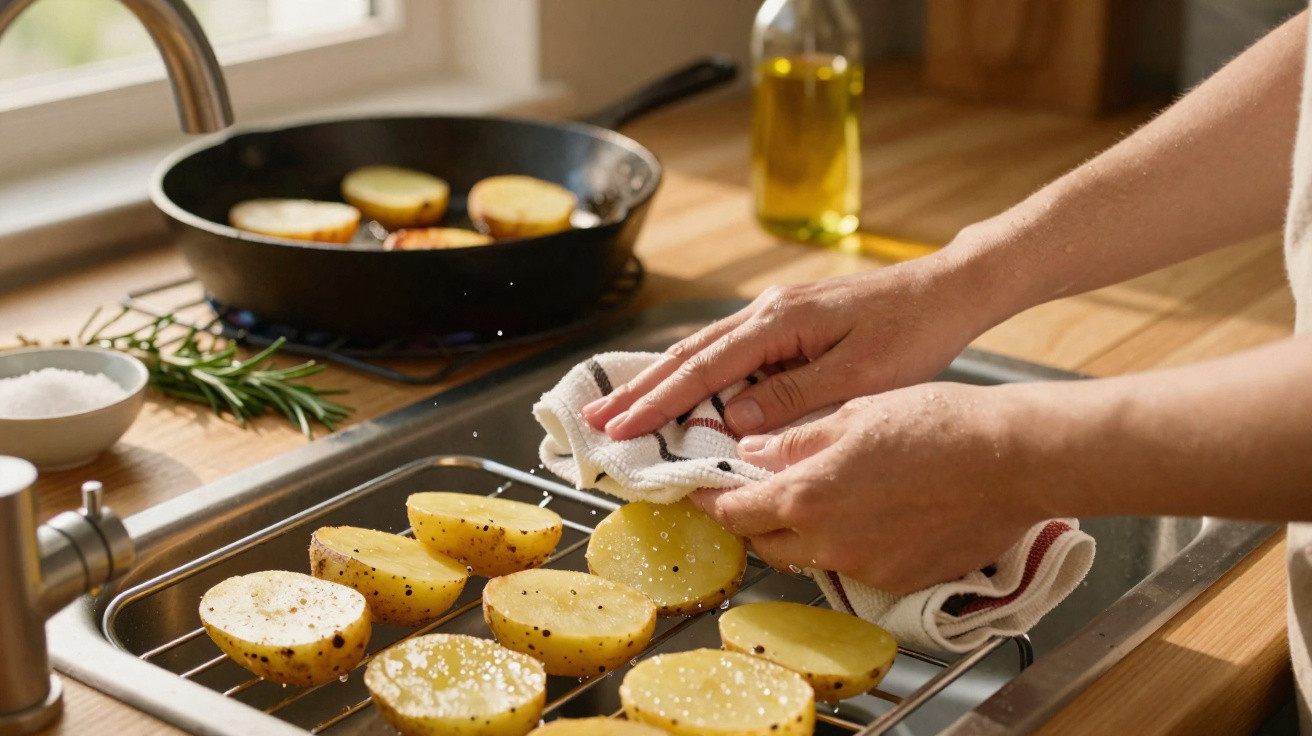 Hands drying seasoned halved potatoes on a rack with a frying pan and olive oil bottle on the kitchen counter.