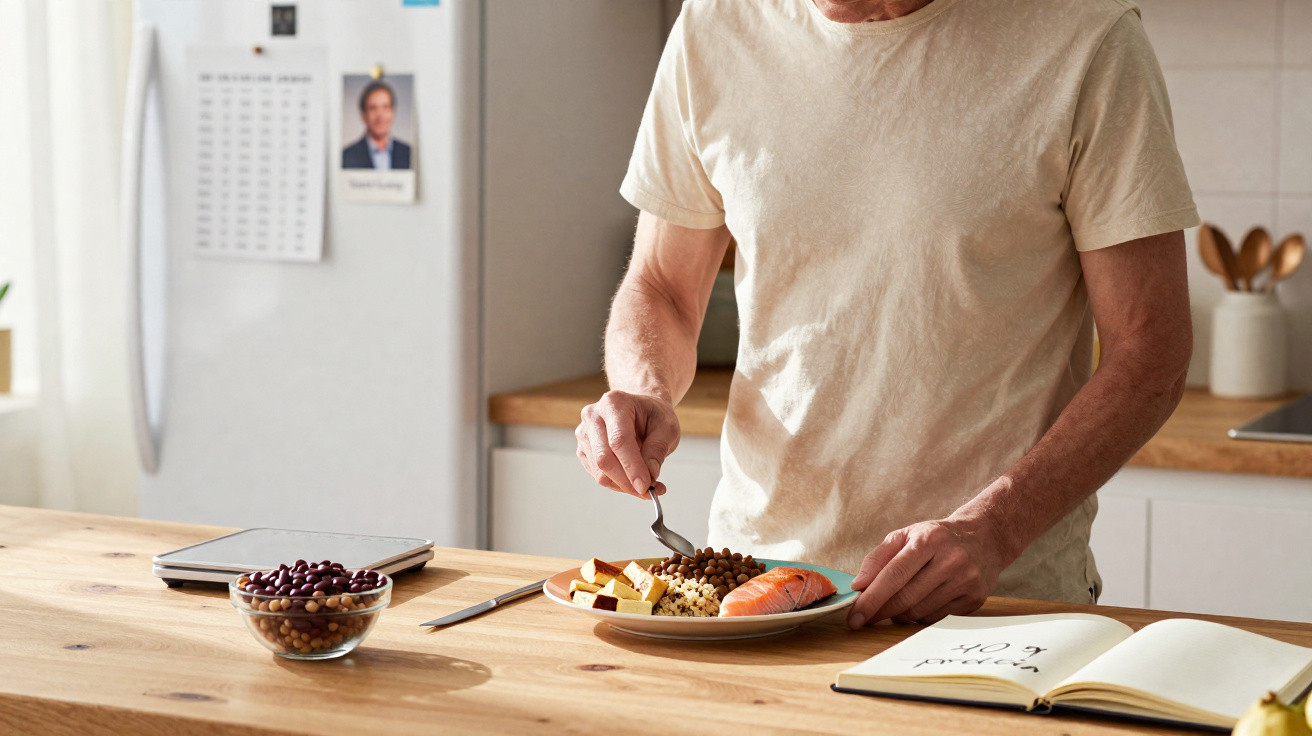 Person in beige t-shirt eating a healthy meal with salmon, chickpeas, and cheese at a wooden kitchen table.