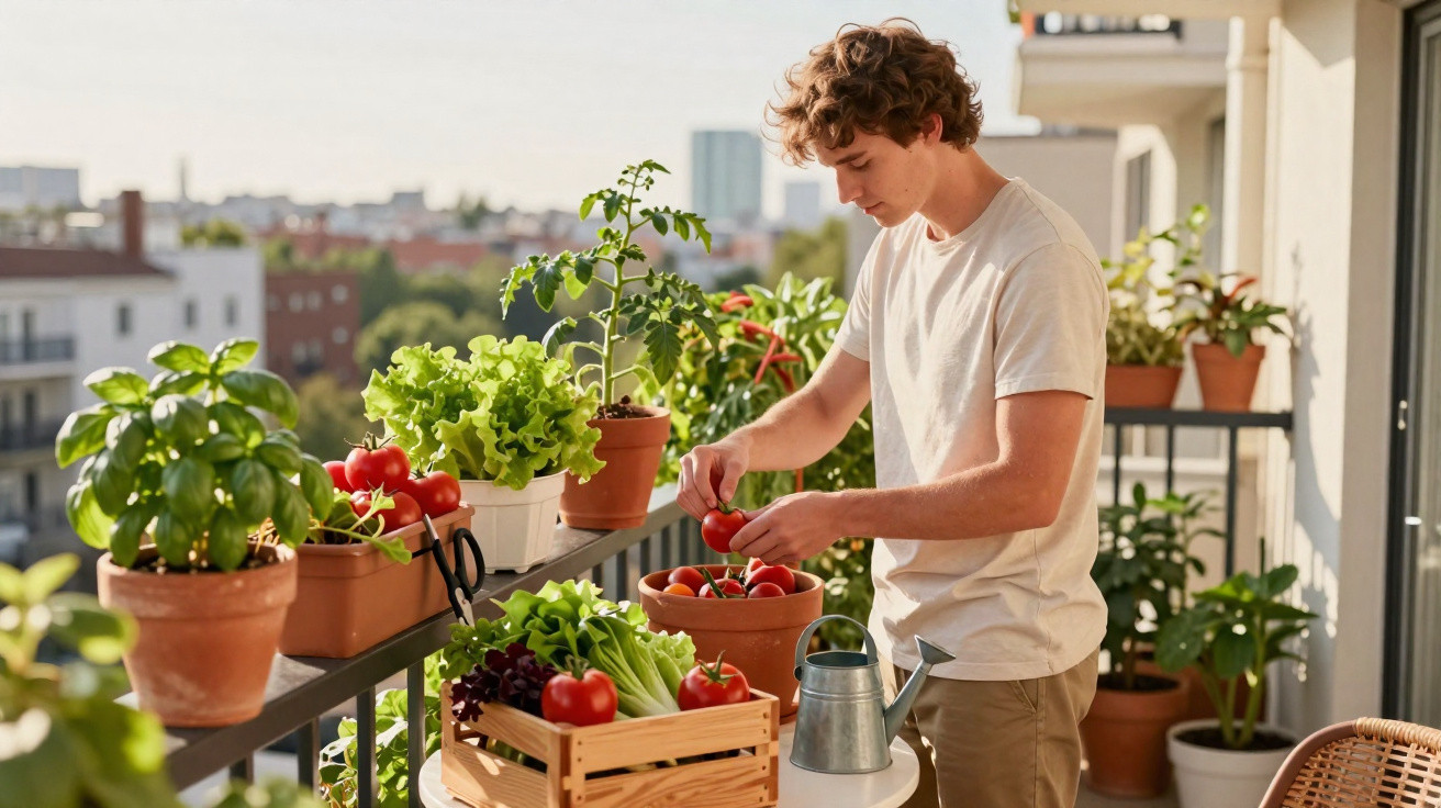 Young man harvesting fresh tomatoes on an urban balcony garden with various potted plants and vegetables.