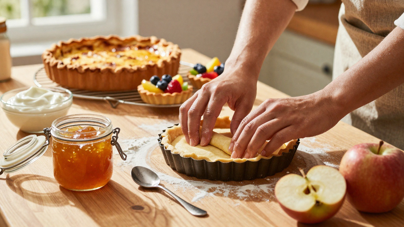Hands shaping pastry dough in a baking tin with jars of jam, cream, apples, and baked fruit tarts on a wooden table.