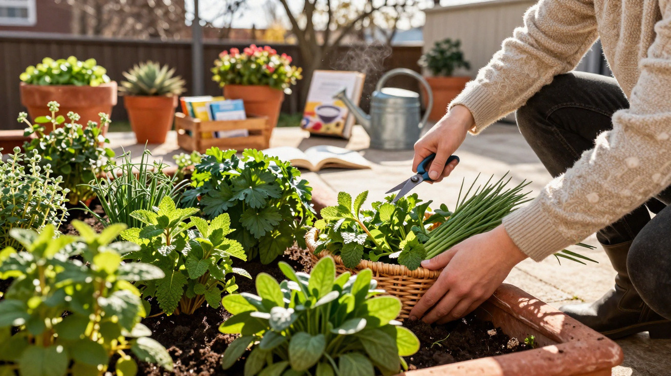 Person harvesting fresh herbs with scissors in a sunny urban garden planter on a clear day.