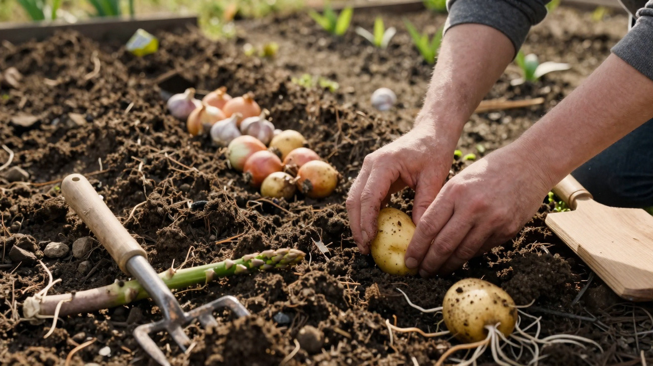 Hands planting seed potatoes in soil with gardening tools and onions in the background.