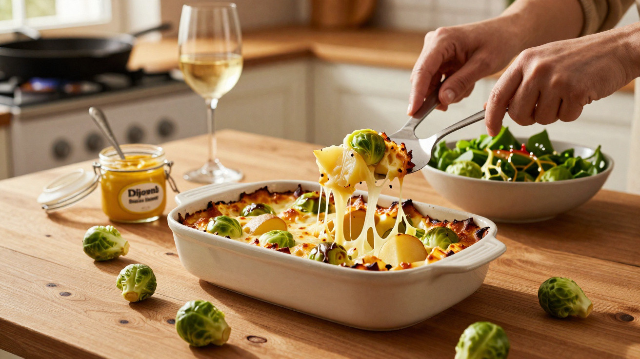 Person serving cheesy baked Brussels sprouts and potatoes from a white casserole dish on a wooden kitchen table.