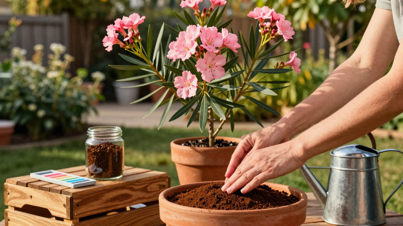Person planting soil in terracotta pot outdoors with pink flowering plant and watering can nearby