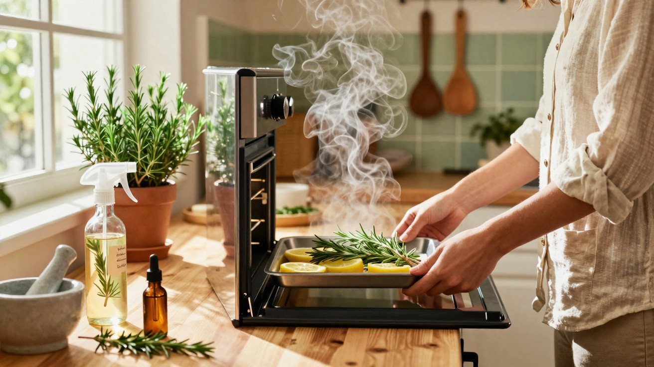 Person placing tray with lemon slices and rosemary into a steaming oven in a sunlit kitchen.