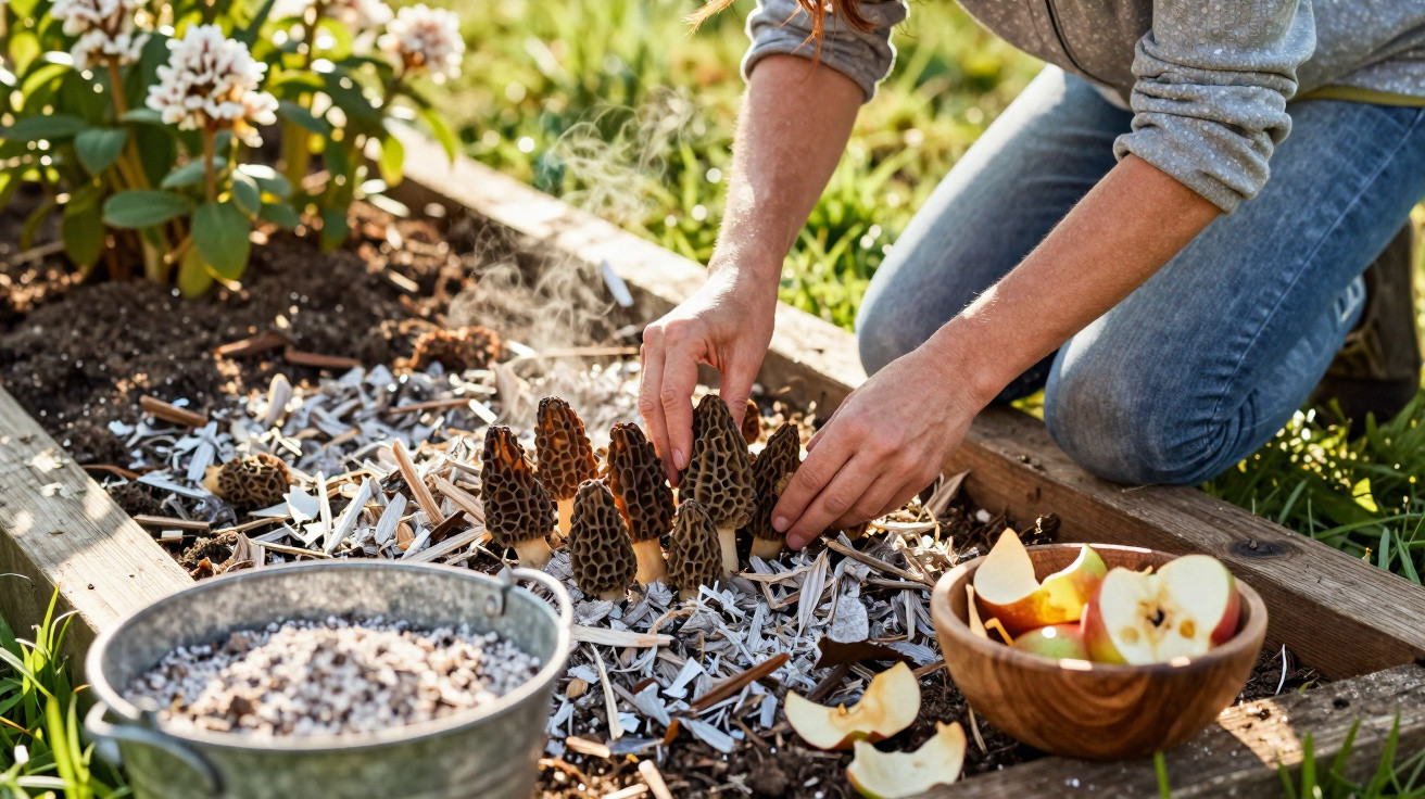 Person harvesting steaming morel mushrooms in a garden bed with a bowl of cut apples nearby.