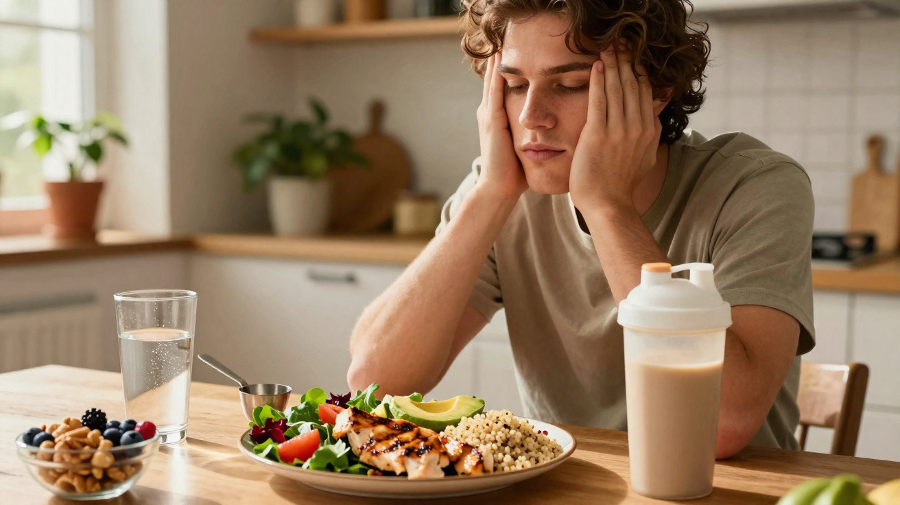 Young man looking tired and stressed, sitting at kitchen table with healthy meal and protein shake