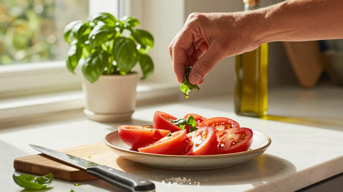 Hand sprinkling fresh basil leaves onto sliced tomatoes on a plate with a knife and basil plant nearby.