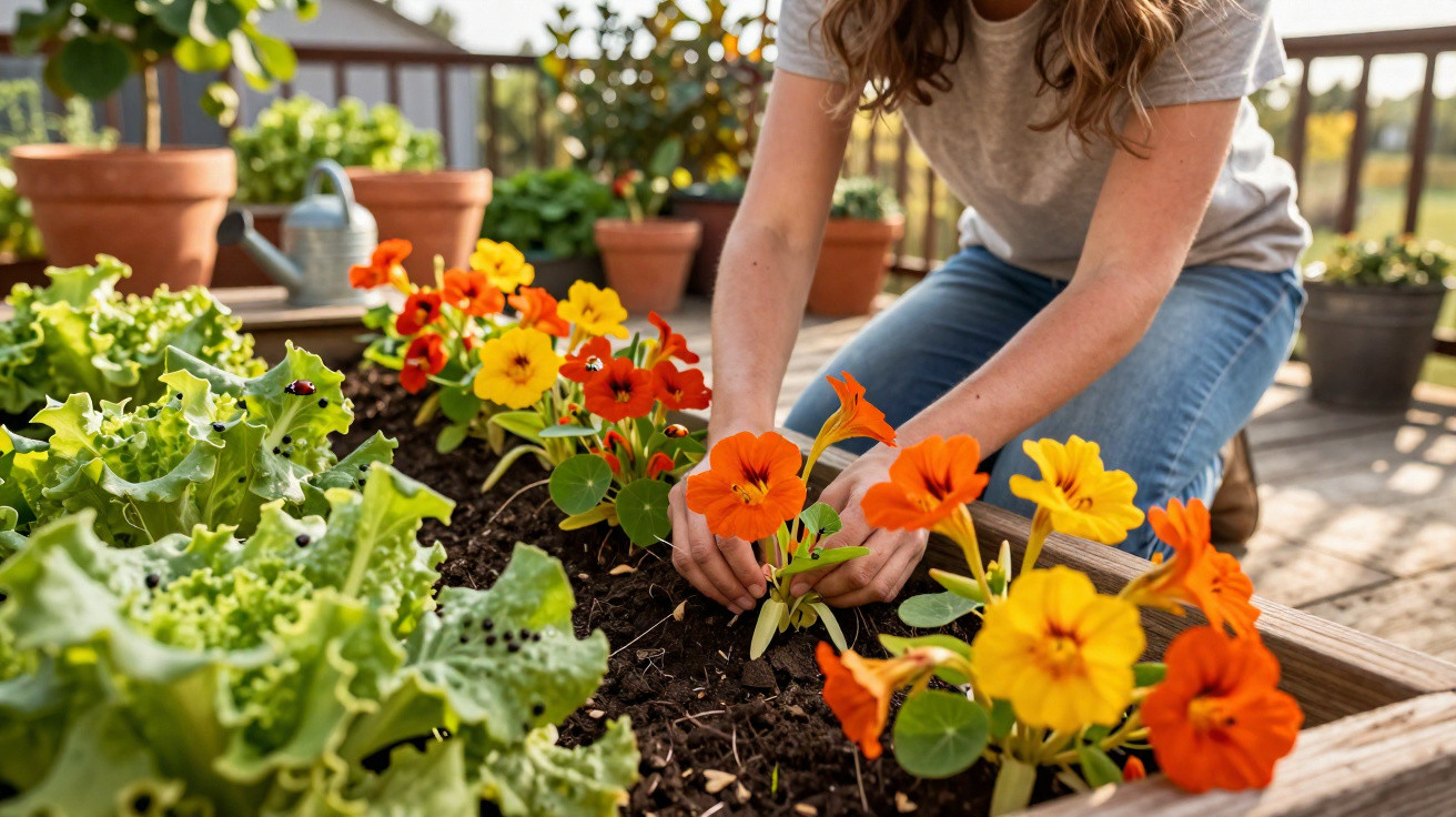 Person planting vibrant orange and yellow flowers in a wooden garden bed on a sunny day.
