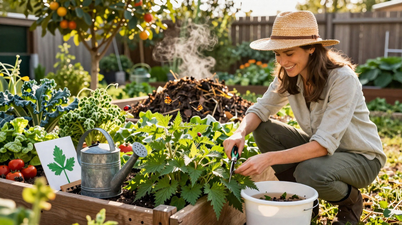 Woman in straw hat gardening leafy plants in raised bed with watering can and compost heap steaming nearby