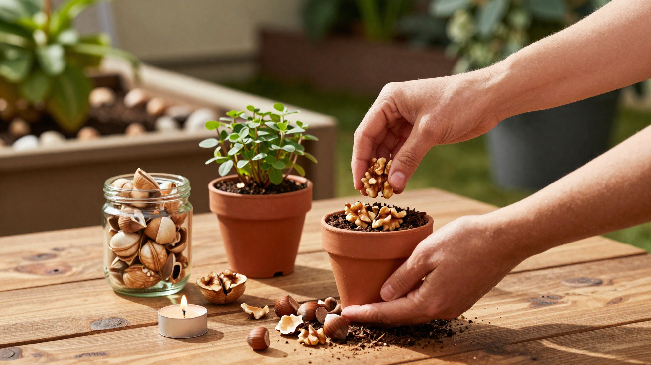 Hands planting walnut pieces in a terracotta pot with a small plant and jar of nuts on a wooden table outdoors.