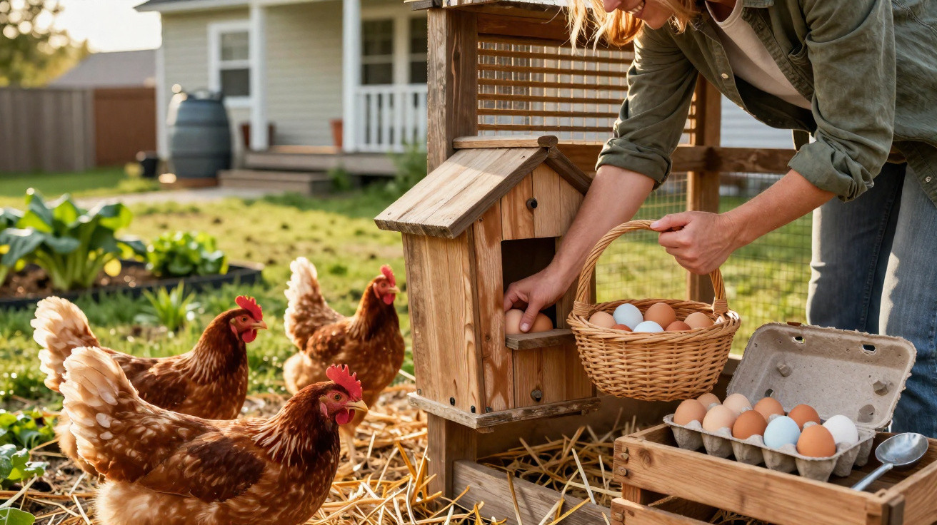 Person collecting fresh eggs from a wooden chicken coop with chickens nearby in a garden.
