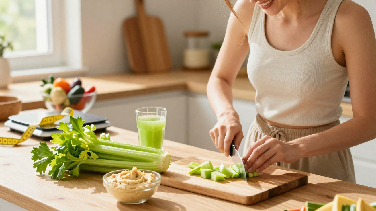 Woman slicing celery on a wooden board in a bright kitchen with a glass of green juice nearby.