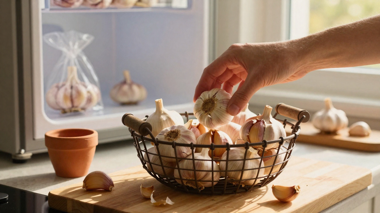 Hand picking a garlic bulb from a wire basket on a wooden cutting board in a kitchen.