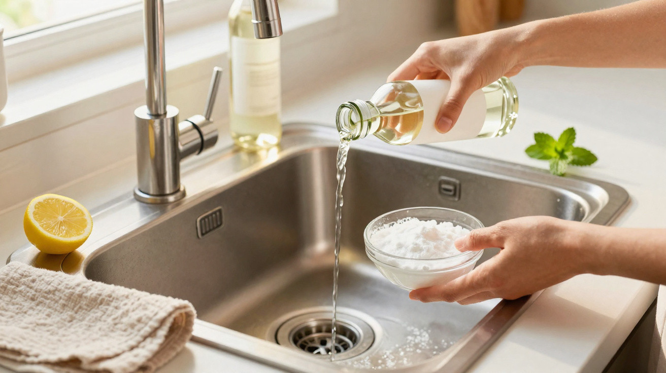 Person pouring white vinegar into a bowl of baking soda over a kitchen sink for cleaning.