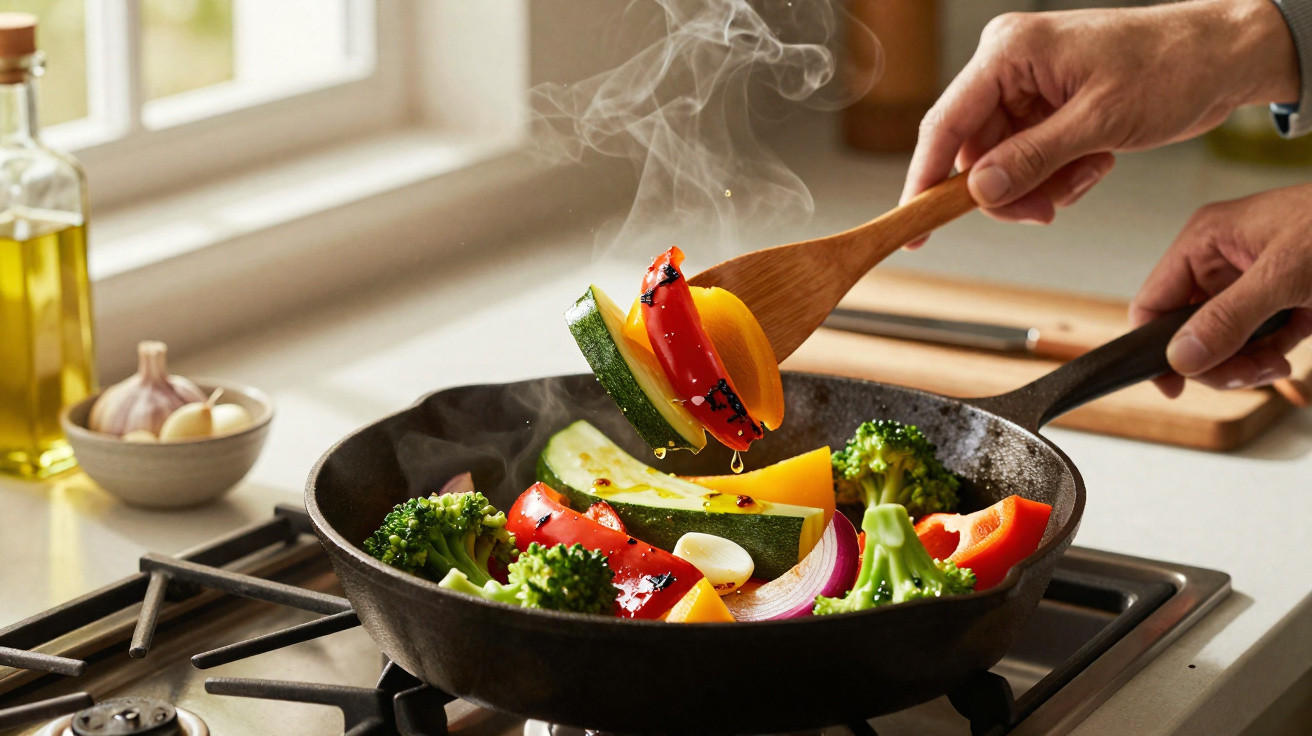 Hands stirring steaming colourful vegetables including broccoli, peppers, and zucchini in a frying pan on a stove.