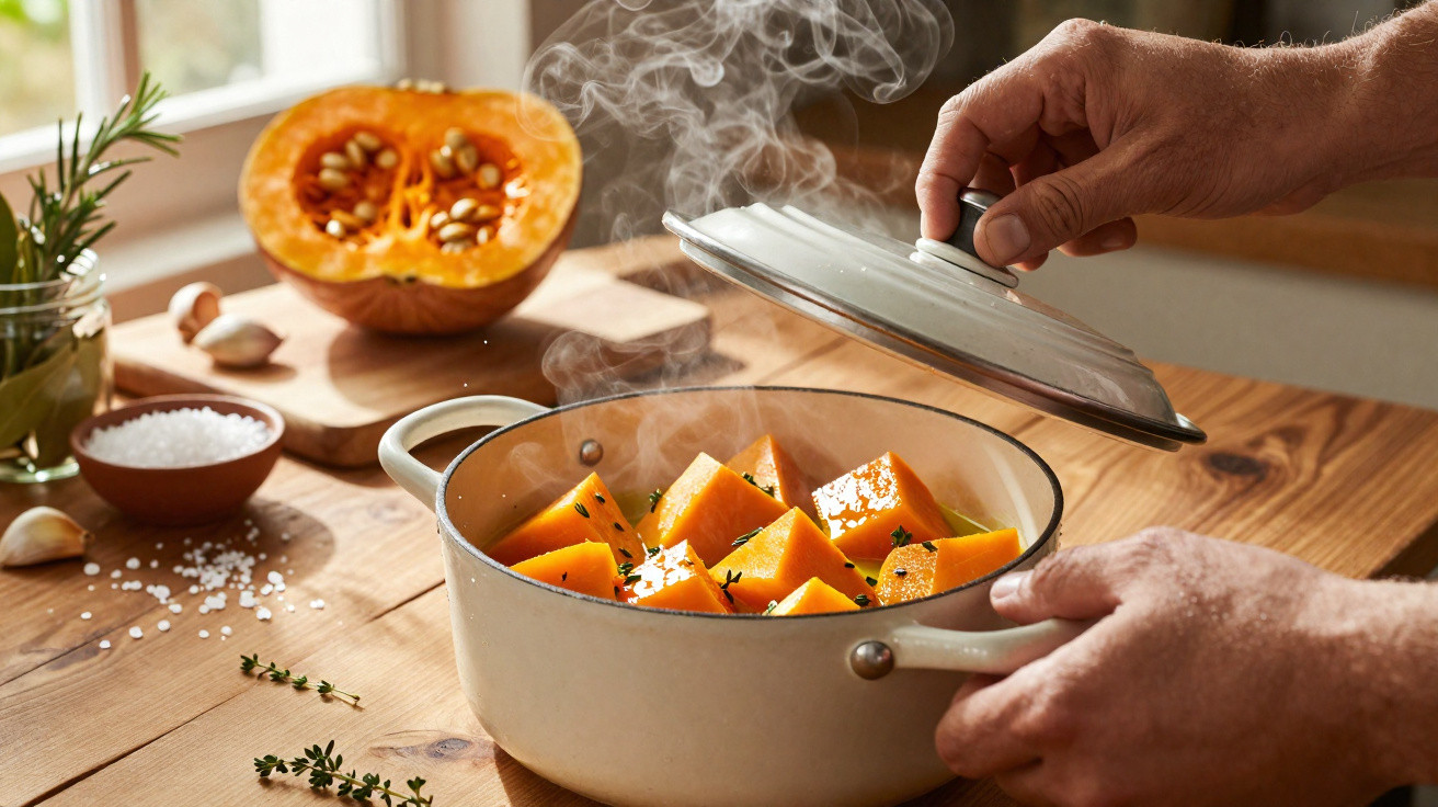Steaming cooked pumpkin chunks in a pot with fresh herbs on a wooden kitchen table.
